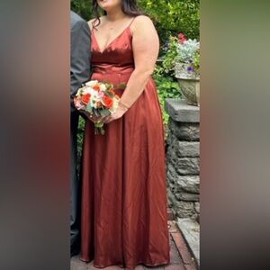 Cinnamon charmeuse deep v-neck a-line dress with pockets